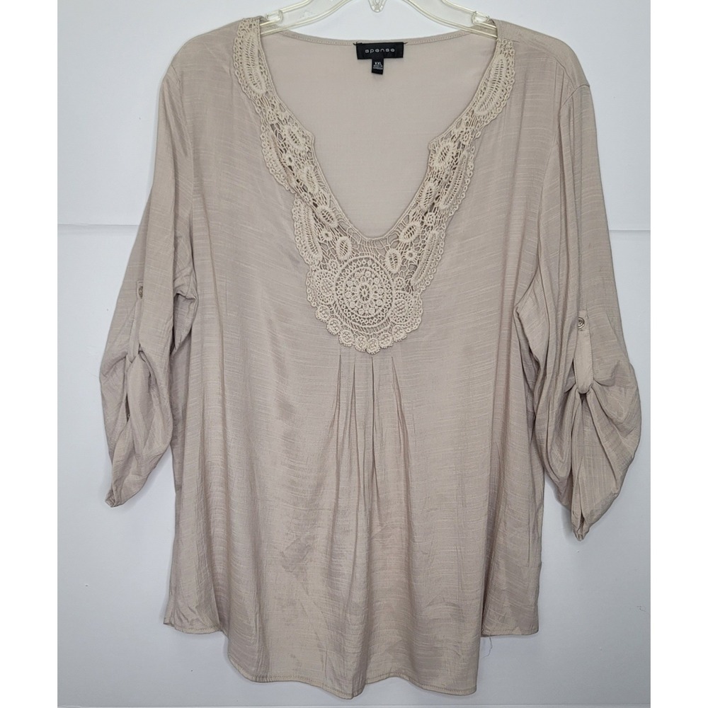 Spense Crochet Lace V-Neck Blouse Womens XXL Taupe‎ Roll-Tab Sleeve Boho Cottage